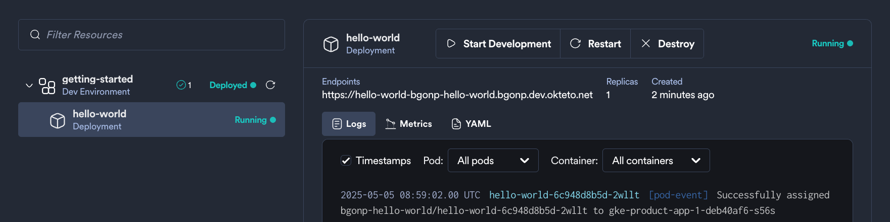 Okteto UI golang