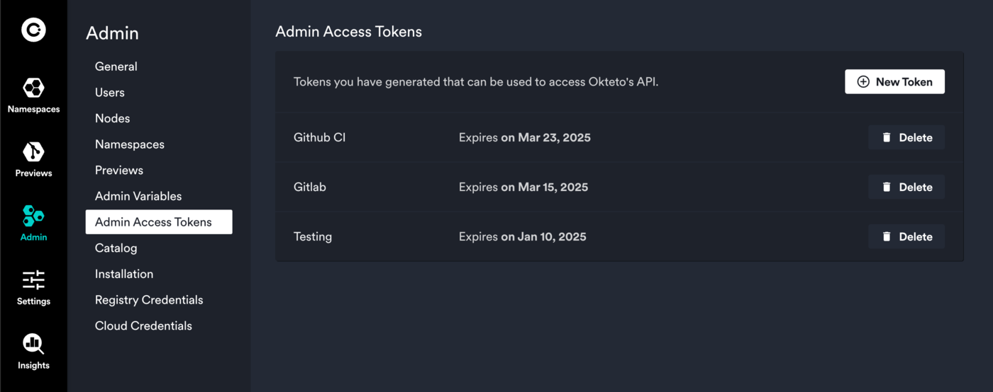 Admin Access Tokens view