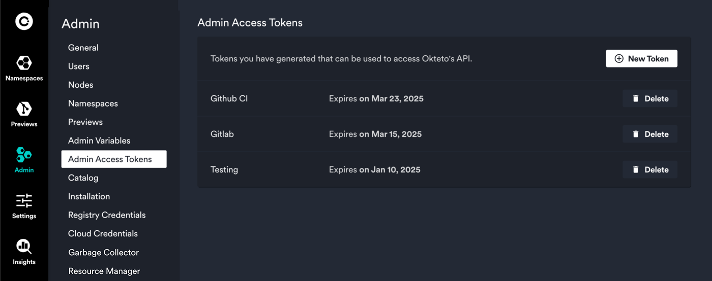 Admin Access Tokens view