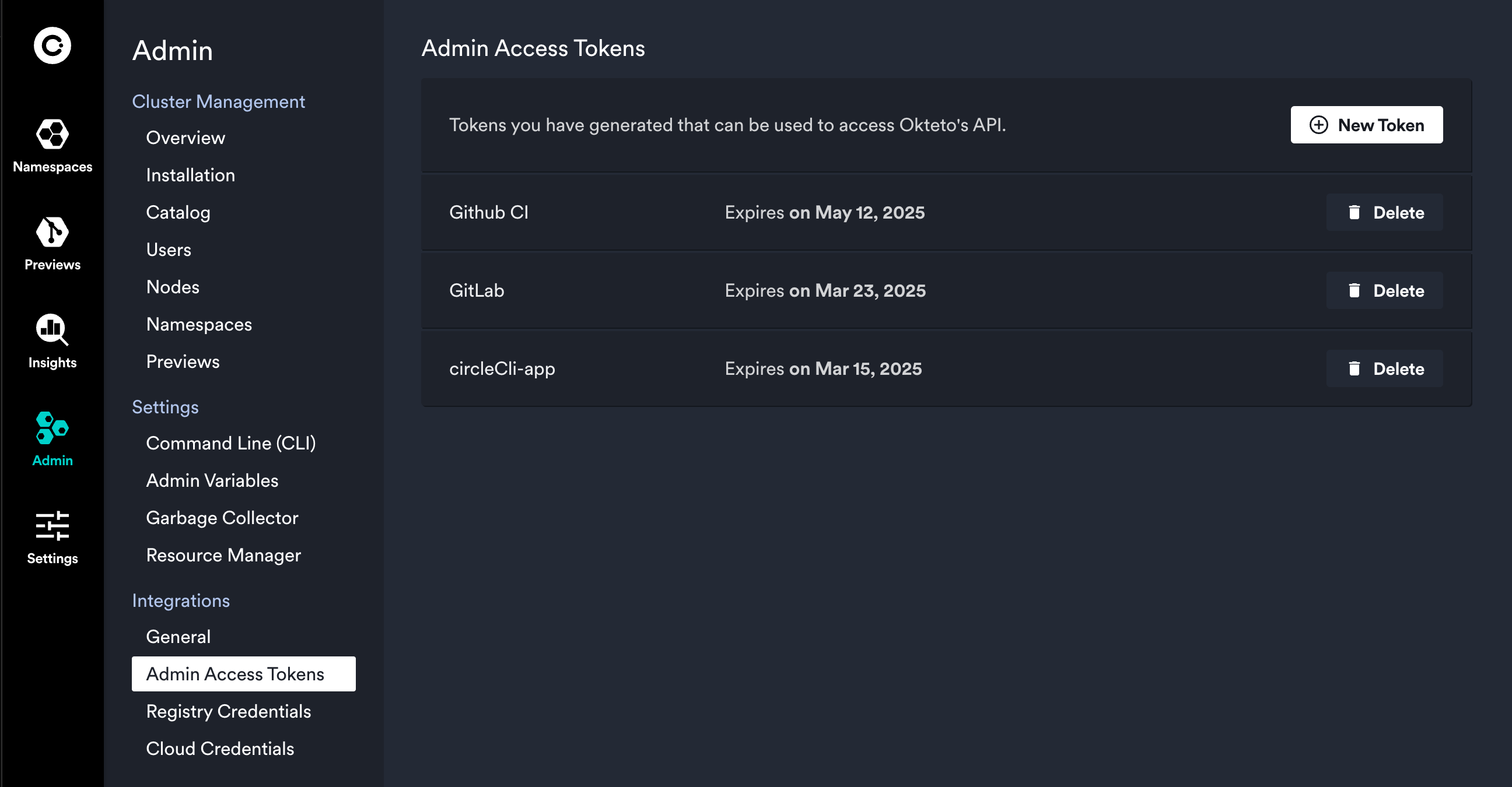 Admin Access Tokens view