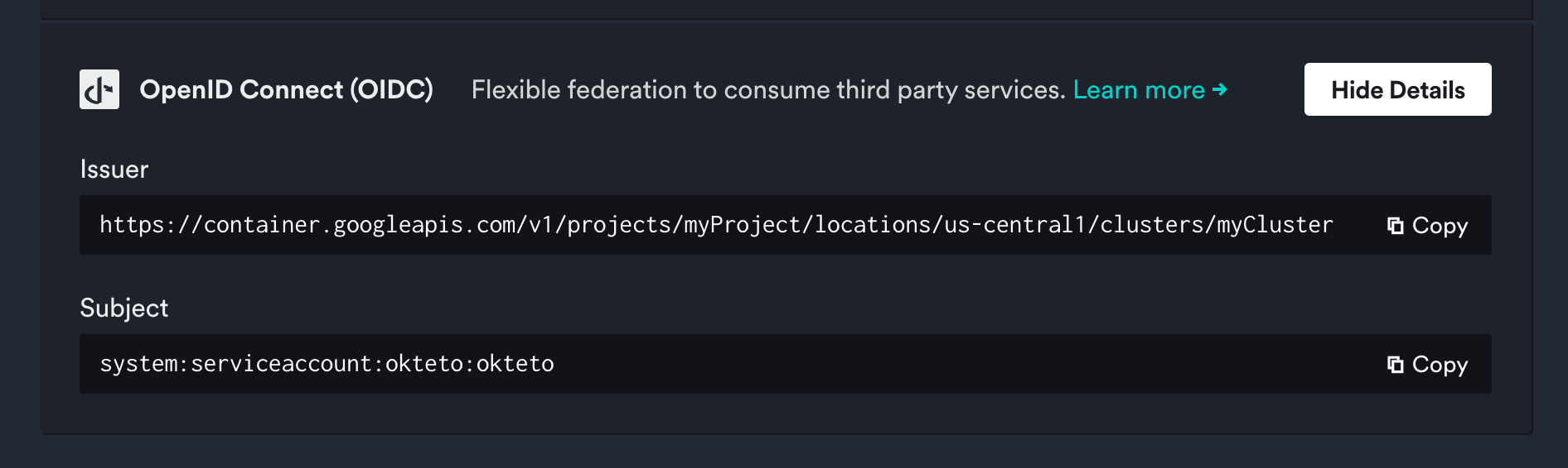 OIDC configuration in admin general view