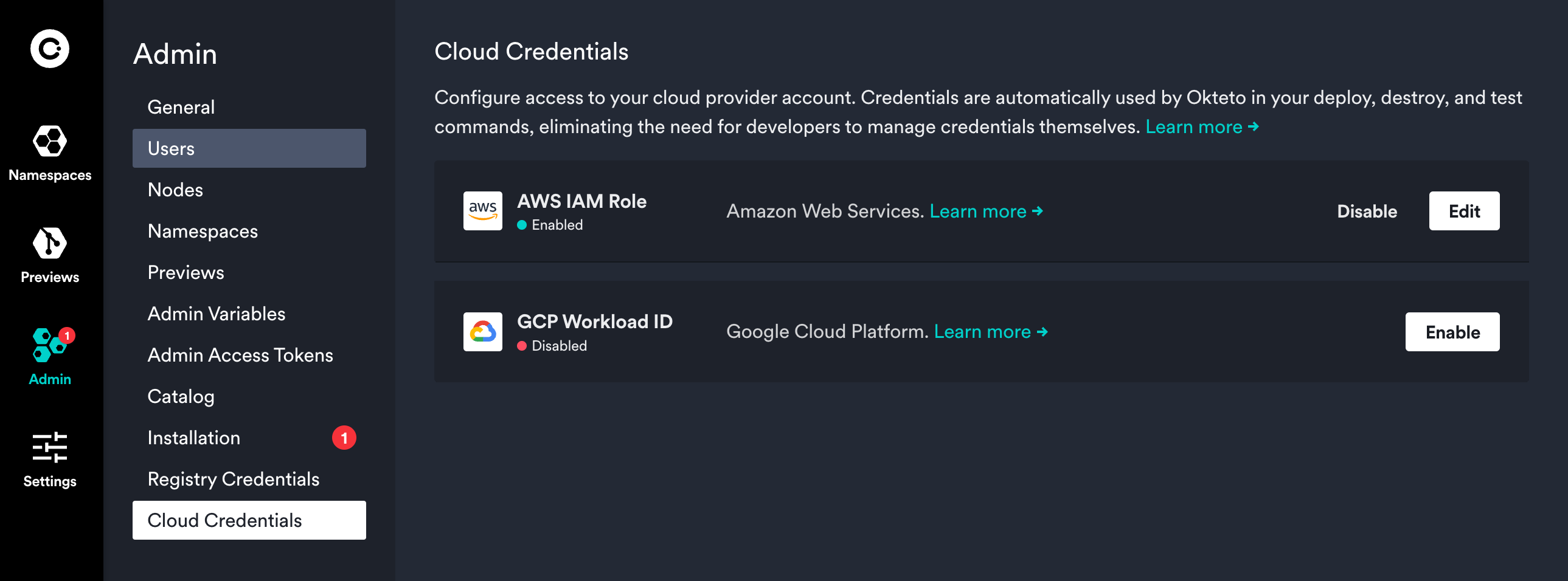 Cloud credentials view