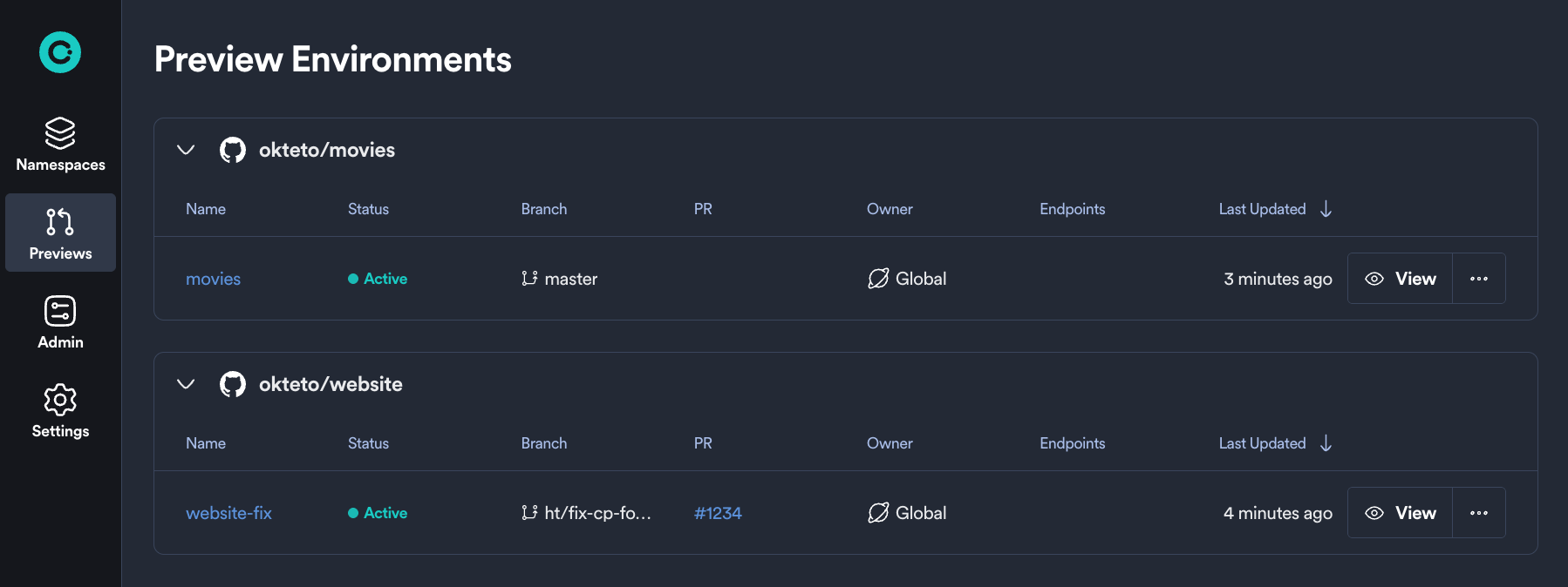 Okteto Namespace Landing Page