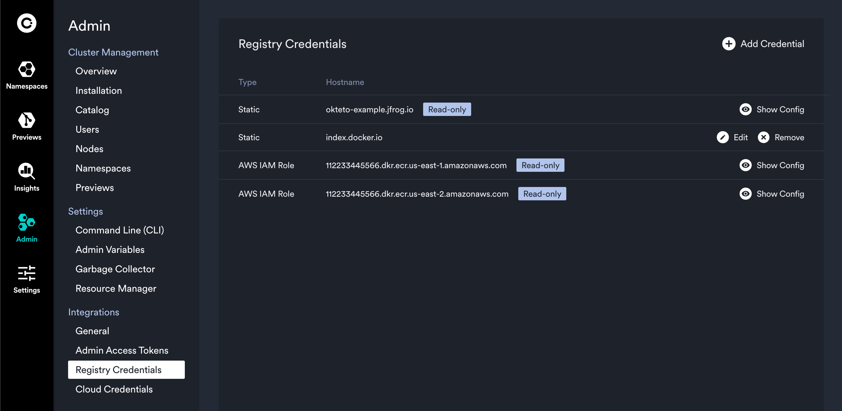 Registry credentials admin view