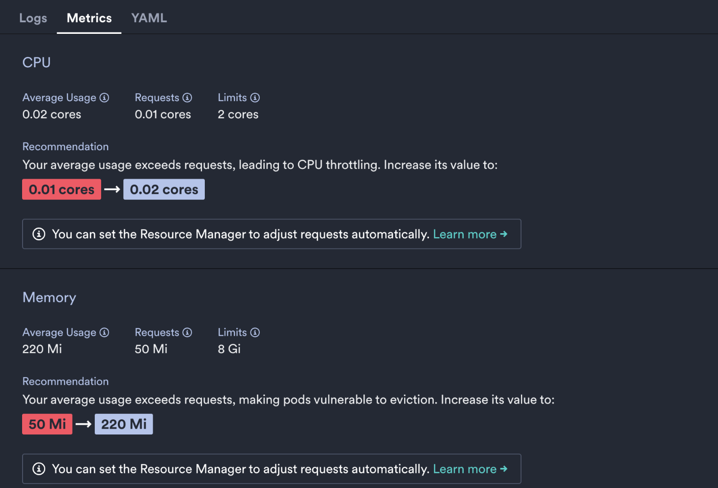 Resource Manager Namespace Metrics